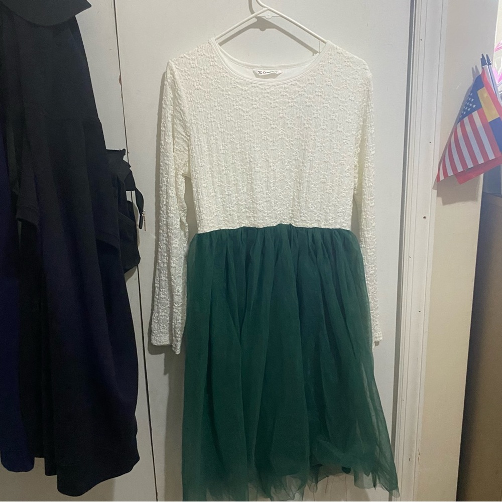 PatPat Cream Lace and Green Tulle Midi Dress